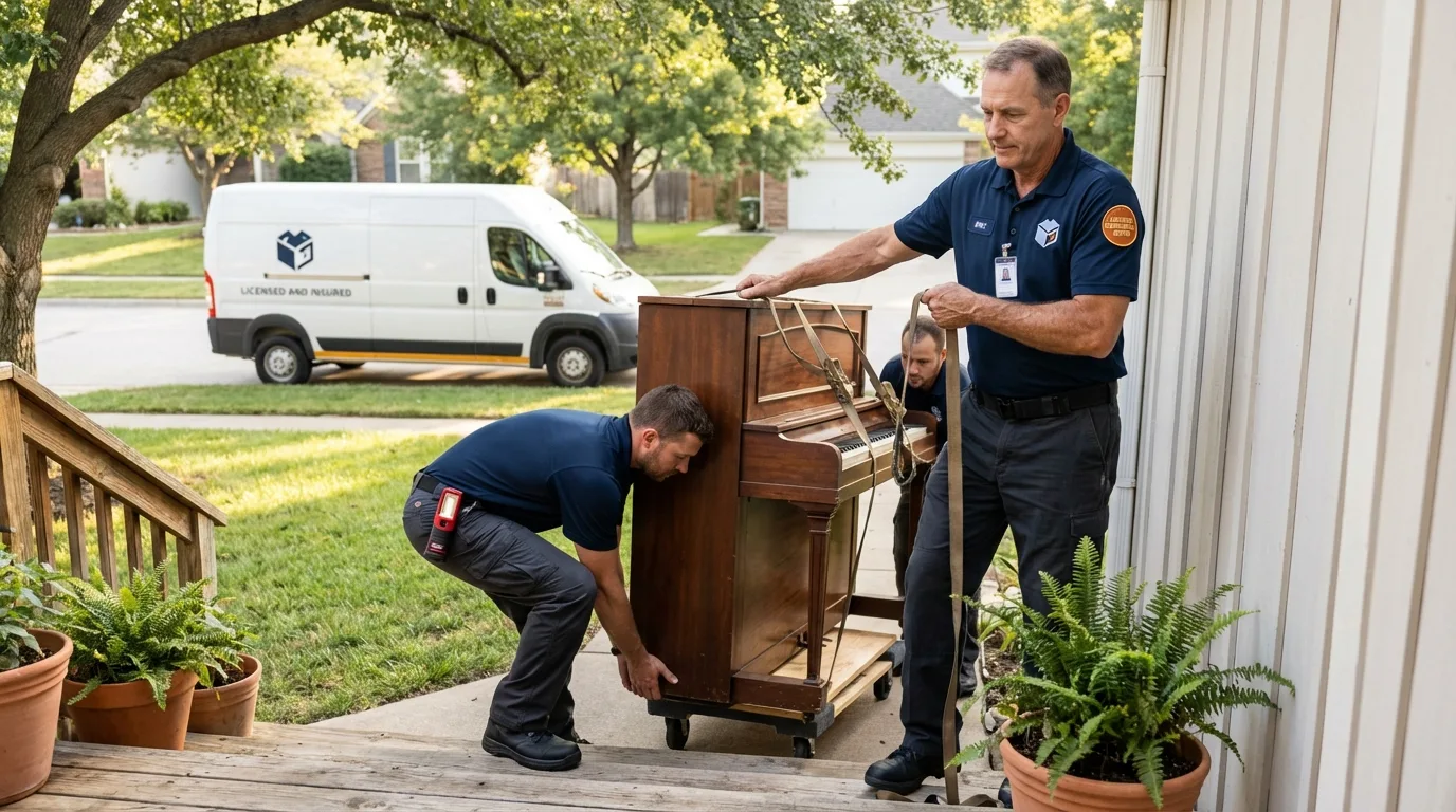 Licensed piano movers securing grand piano in East Stroudsburg, PA