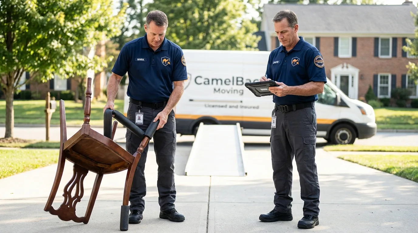 Movers inspecting furniture for damage prevention before loading in East Stroudsburg, PA