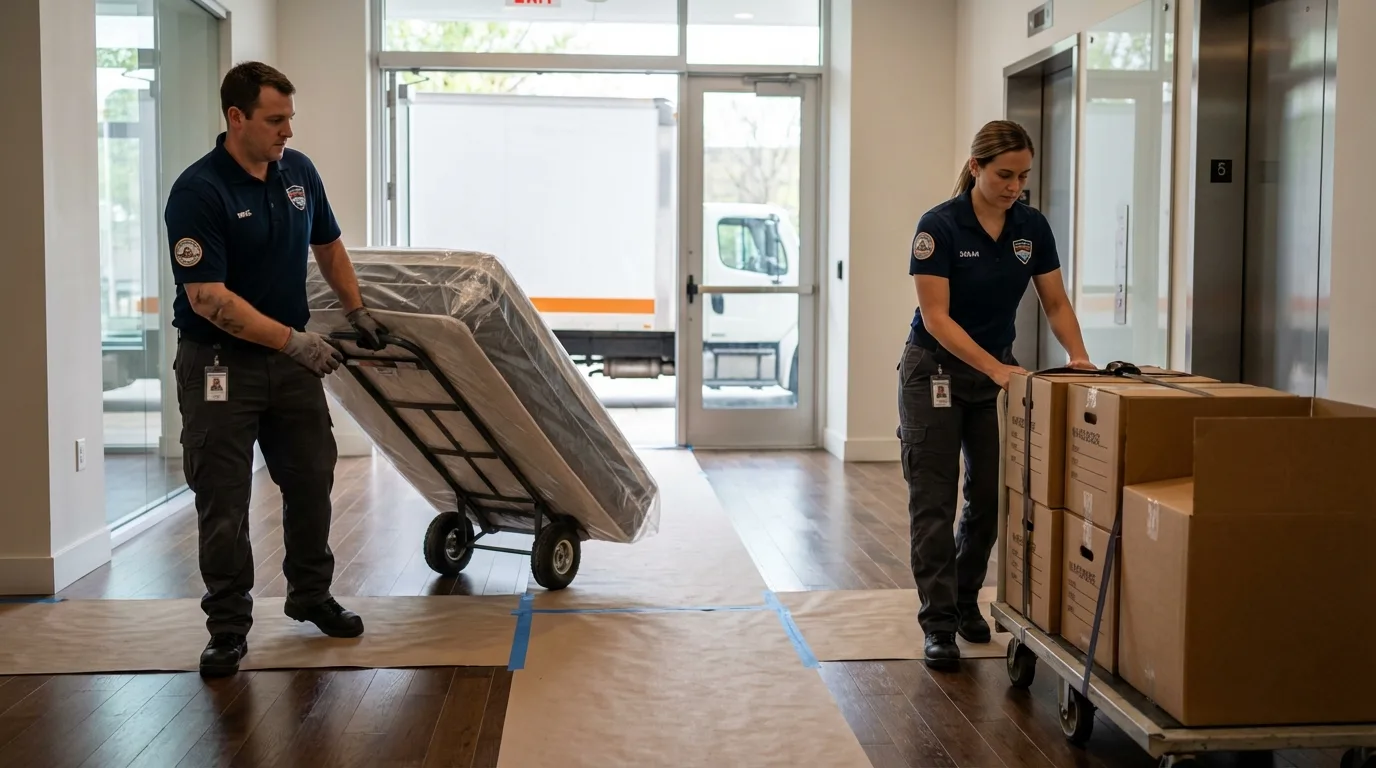 Professional apartment movers loading elevator in East Stroudsburg, PA