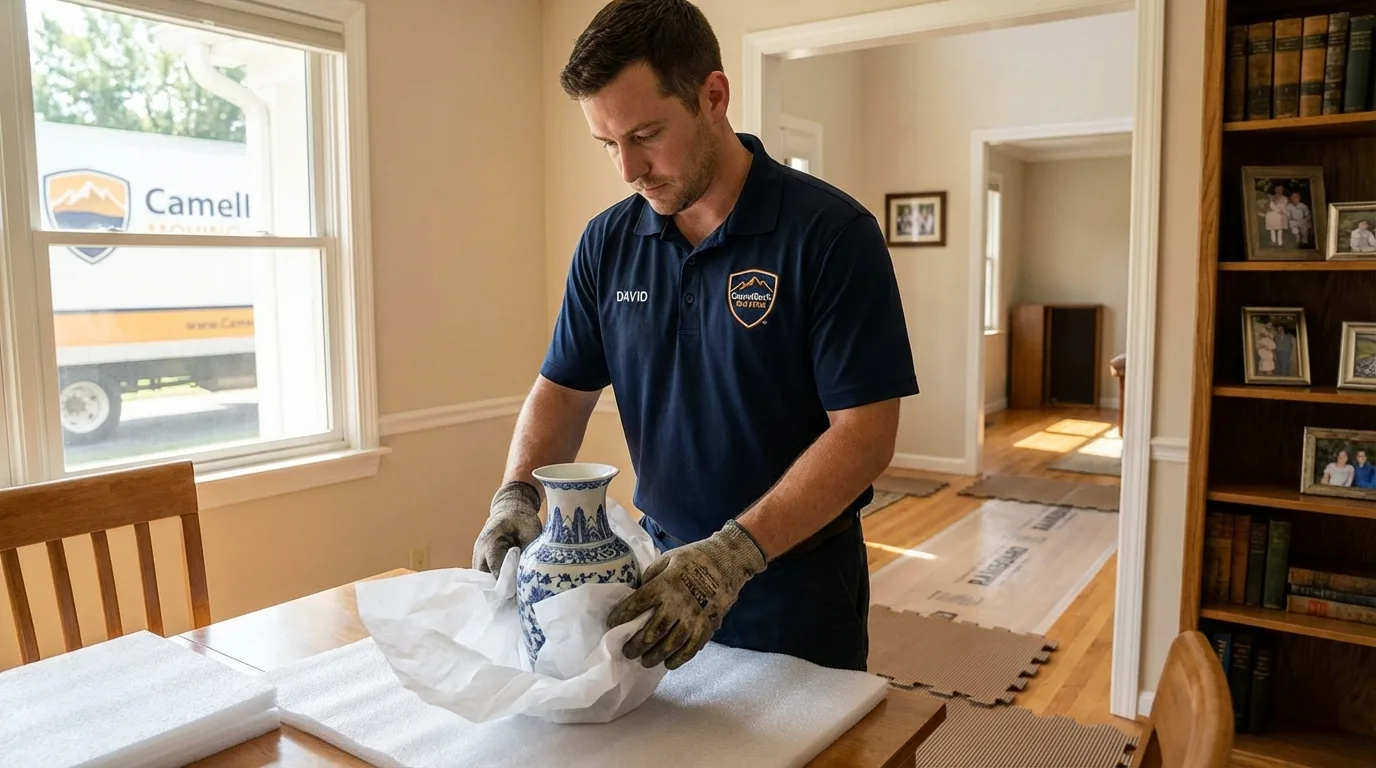 Professional crew carefully wrapping antique vase for senior downsizing move in East Stroudsburg, PA